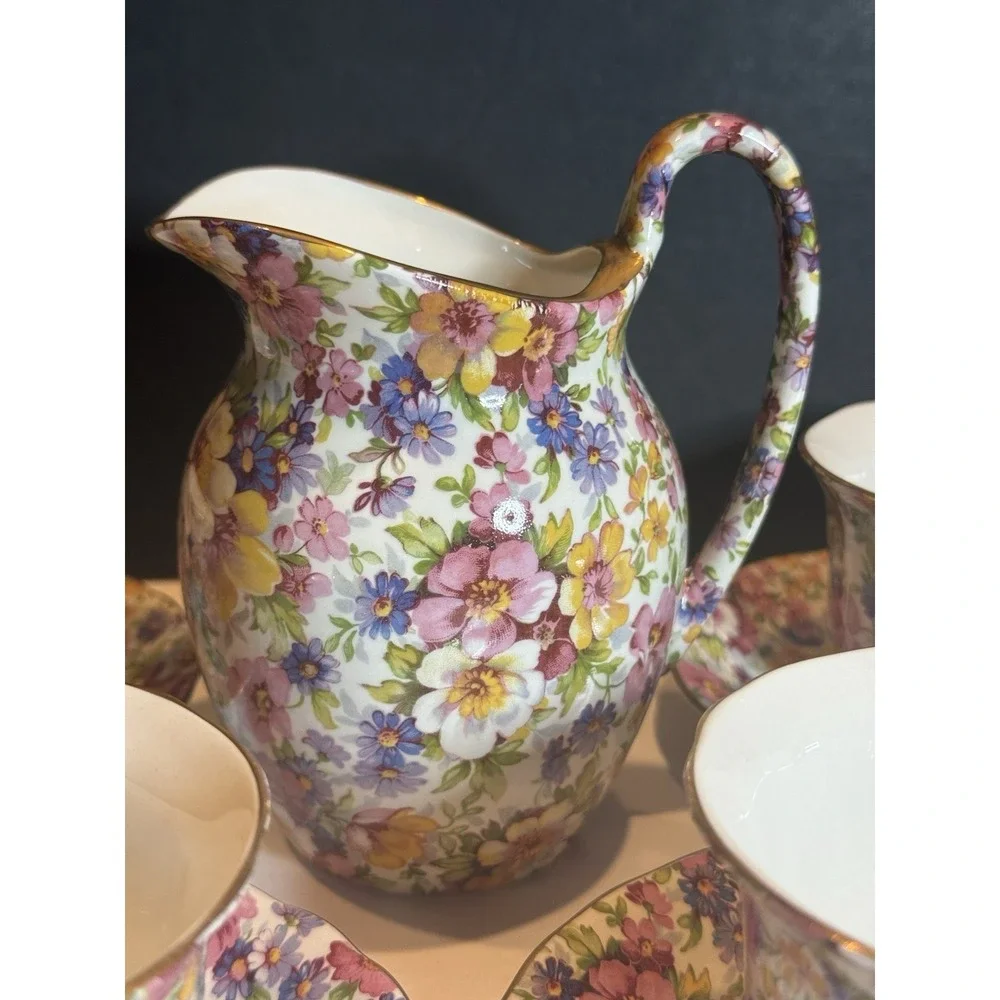 James Kent Dubarry Chintz Large Creamer 4 Cups & Saucers England 9 Pc